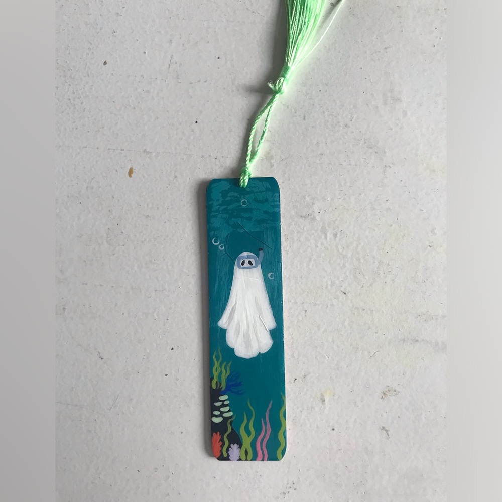 DISCOUNTED Hand-Painted Teal Fish Bookmark with Sea Ghost Design